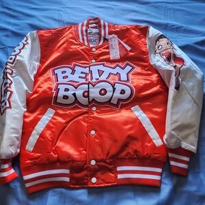 HEADWEAR CLASSICS MEN'S BETTY BOOP SATIN JACKET ORANGE/WHITE SIZE SMALL NEW!!!!